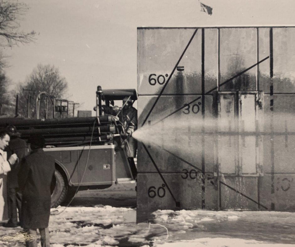 elkhartbrass's tweet image. When you have got to get that 30 degree fog pattern just right!  Stream pattern testing back in the 1960's with the original mystery nozzle!  #flowbackfriday #elkhartbrass #wateralwayswins