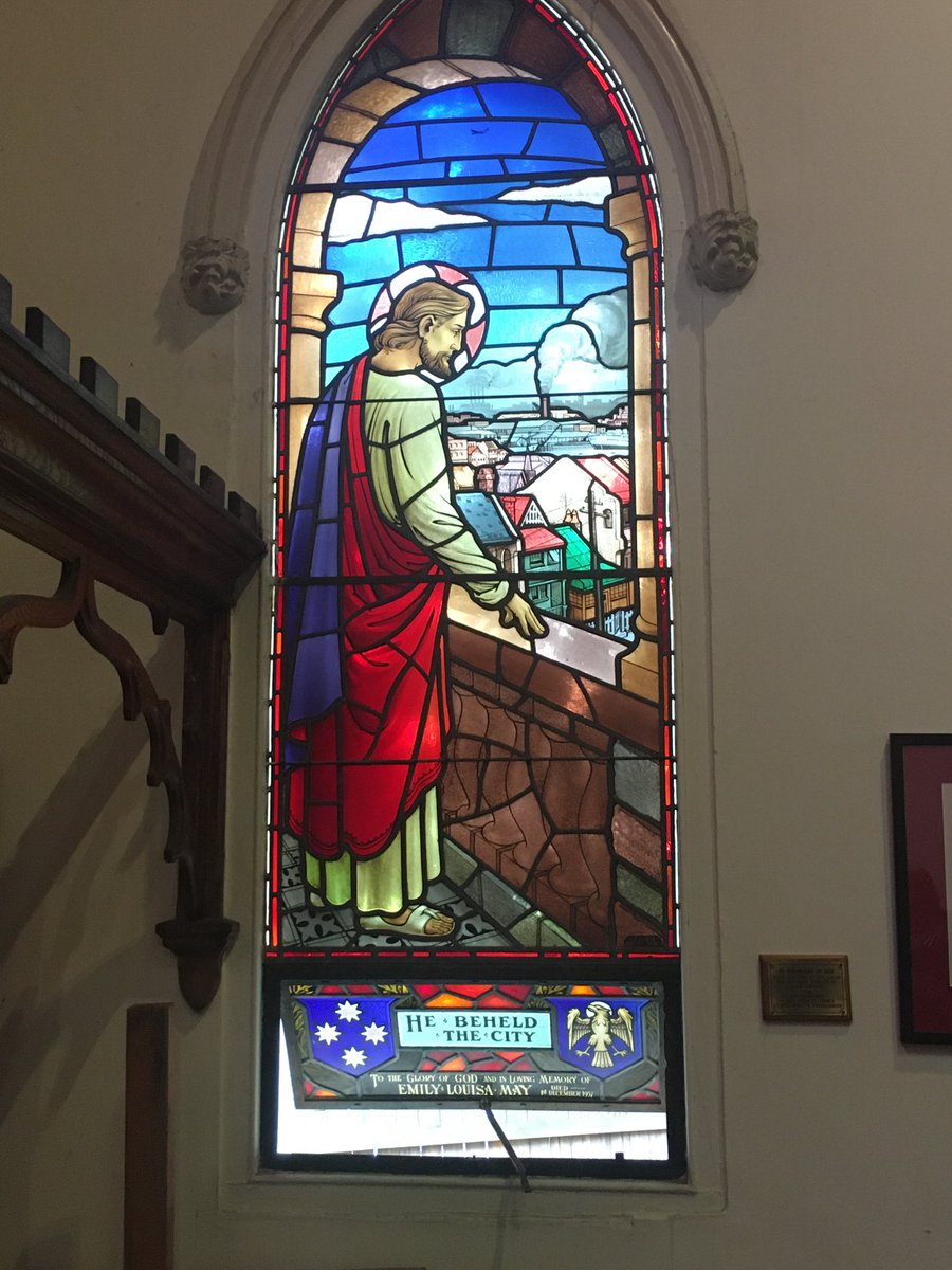Lovely truth expressed in this window in St John’s Balmain where I’m conducting a quiet day for brethren and companions of the Oratory of the Good Shepherd. The Saviour ‘beholds’ the city...of Sydney