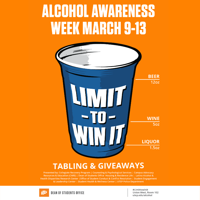 utep_police's tweet photo. Next week is Alcohol Awareness Week! Visit https://t.co/mqlHMtGBHu to see what's happening next week on campus. #LimittoWinIt #AlcoholAwareness #SpringBreak #FunFactFriday #UTEP #UTEPMiners https://t.co/Y6tM6BNOZI