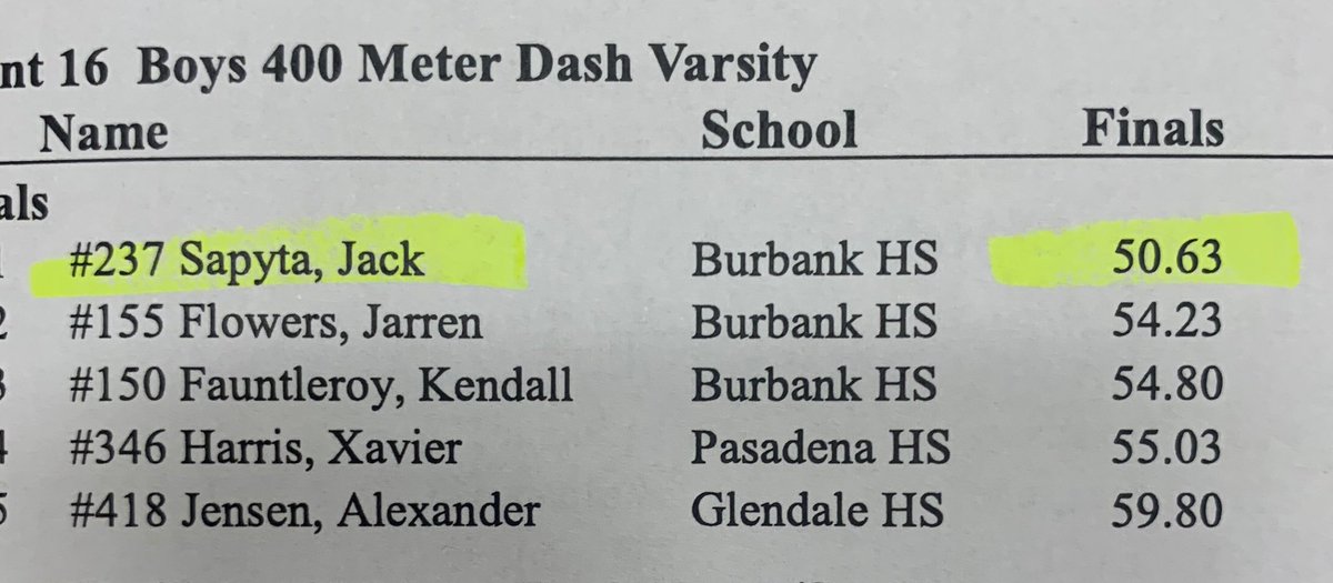 JackCSapyta's tweet photo. Results from track meet yesterday against Glendale and Pasadena.  PR for my 400M. https://t.co/eFsU11MggX