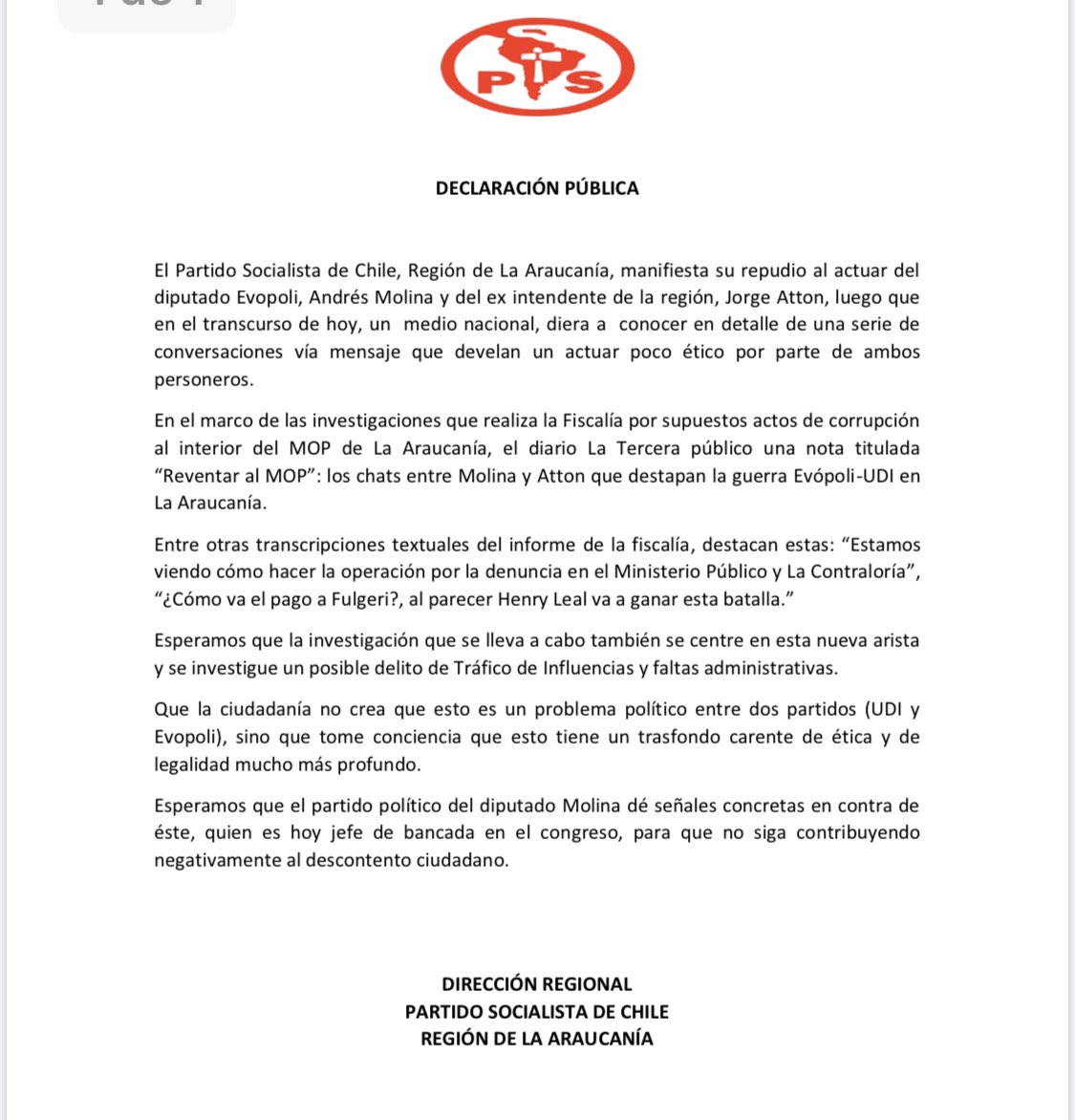 Compartirnos con Uds. Declaración Pública sobre caso coimas MOP Araucanía