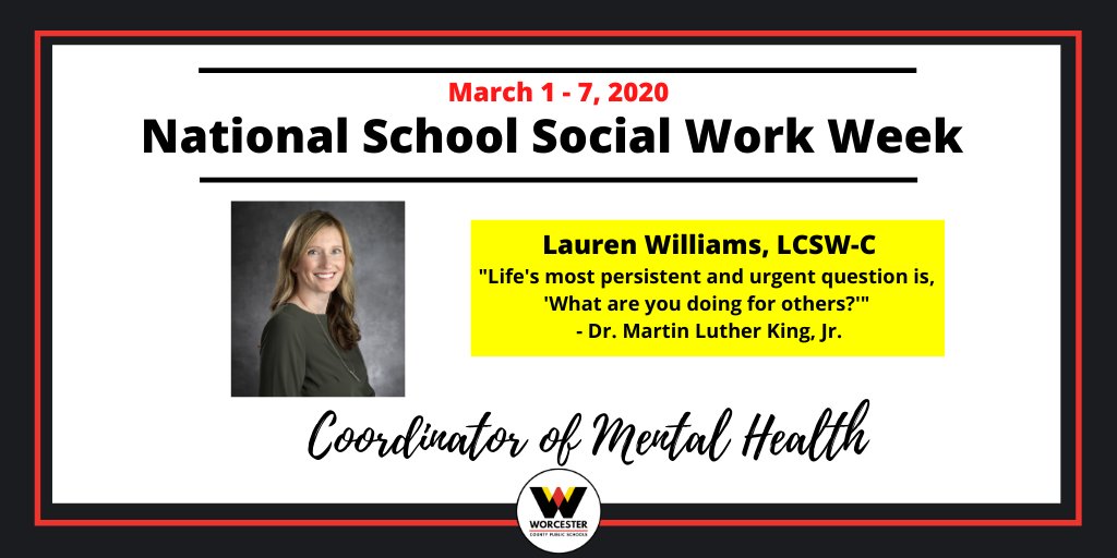 WoCoSchoolMH's tweet photo. Lauren is the Coordinator of MH for WCPS. She loves to share mental health awareness with staff,students, &families. Lauren is excited to expand the knowledge, tools, &resources available to everyone in our school system! #BeaconofHope #SSWWeek2020 #MacroPractice #BeWellWorcester https://t.co/O750DXzdWP