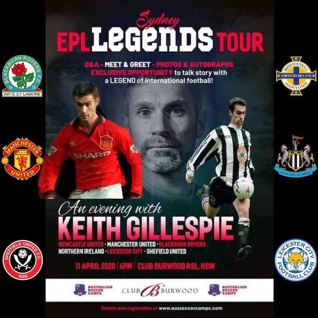 An Evening with Keith Gillespie.
Saturday 11th April 2020 | 6pm | Club Burwood
📰 Q&amp;A session 
📷 Photo opportunities 
✏ Autographs 
🎟  Get your tickets today! 
💵  Tickets just $50
Details &amp;Tickets aussoccercamps.com
#mufc #ManUtdNSW #Sydney