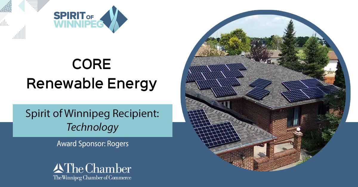 Congratulations to <a href="/corenergyca/">CORE RenewableEnergy</a>, the recipient of the Technology Award sponsored by @rogers. CORE looks at solutions for storing renewable energy and ways to replace expensive and polluting diesel power – working to protect our environment and grow our economy.  #WPGSPIRIT