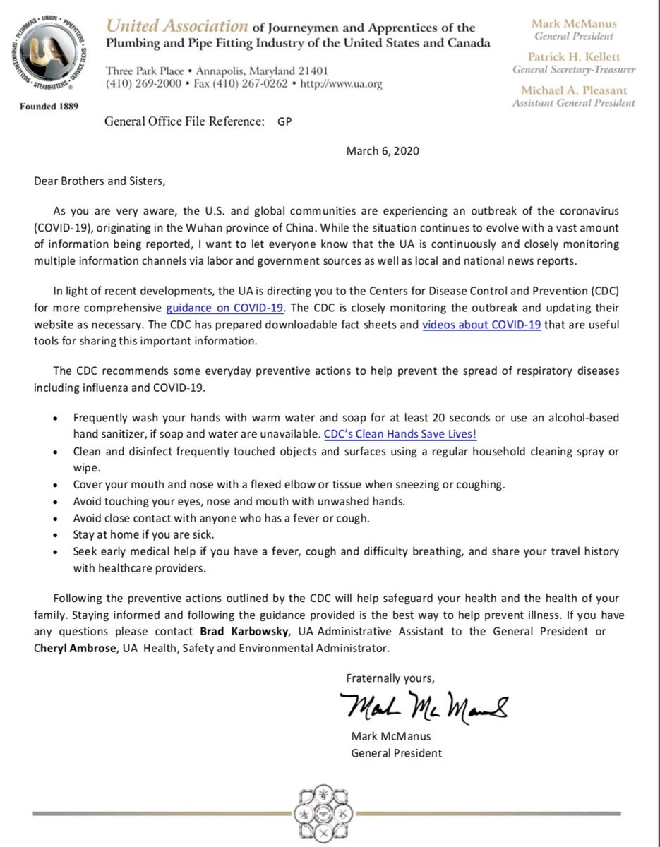 Please read General President McManus 's  and the UA' s response to coronavirus COVID-19
