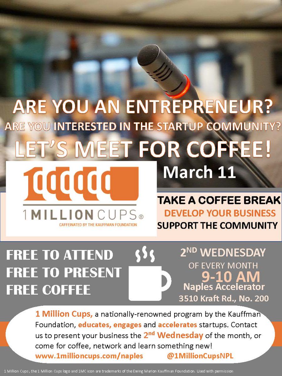 CollierEDO's tweet photo. 9-10AM WEDS
Have you been to #1MCNaples at @NaplesAcceler8 yet? It's like #SharkTank! Featured will be @copenotes, which texts 1 #PositiveMessage daily to combat #depression & #anxiety, & @NzingaDan's #EverythingVacations, a #VacationClub featuring #TopSpots for less than $1/day. https://t.co/Qyff4Z6PVZ