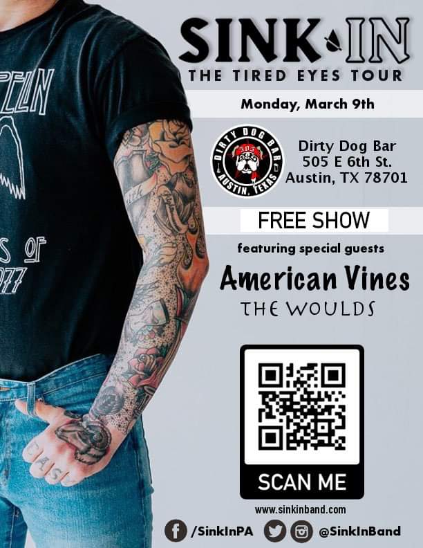 americanvinesbd's tweet photo. Hey Austin, we’re back from out west and ready to rock with you for the first time in 2020. Join us and our friends in @TheWoulds and @SinkInBand for a FREE show Monday! Show starts at 8:30! #SXSW #SXSWEdu #SXSW2020 #SXSW20 #sxswmusic #Austin #AustinMusic https://t.co/xBI6DitUEi
