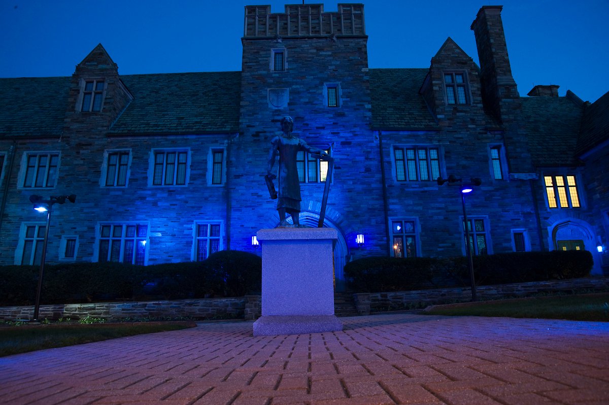 saintjosephs's tweet photo. The lights of Barbelin will shine blue tonight as part of @BlueLights2020, which raises awareness about colon cancer.  Our prayers go out to the individuals and families affected by this disease. May we one day say we were able to conquer it. https://t.co/DcFbrln40j