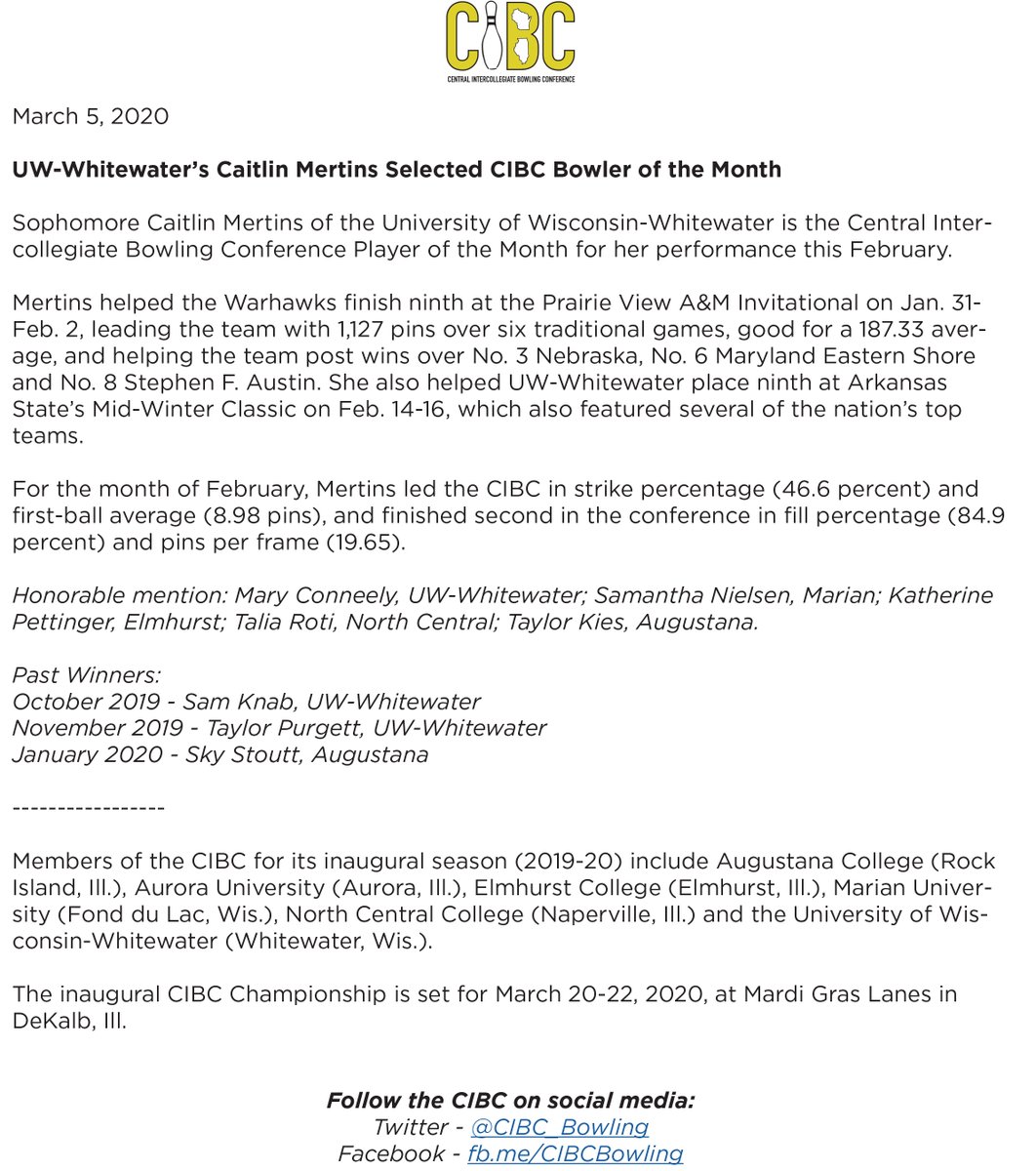 CIBC (@cibc_bowling) on Twitter photo Congratulations to Caitlin Mertins of <a href="/warhawkbowling/">Whitewater Bowling</a>, the #CIBC Bowler of the Month for February! || #NCAABowl Congratulations to Caitlin Mertins of <a href="/warhawkbowling/">Whitewater Bowling</a>, the #CIBC Bowler of the Month for February! || #NCAABowl