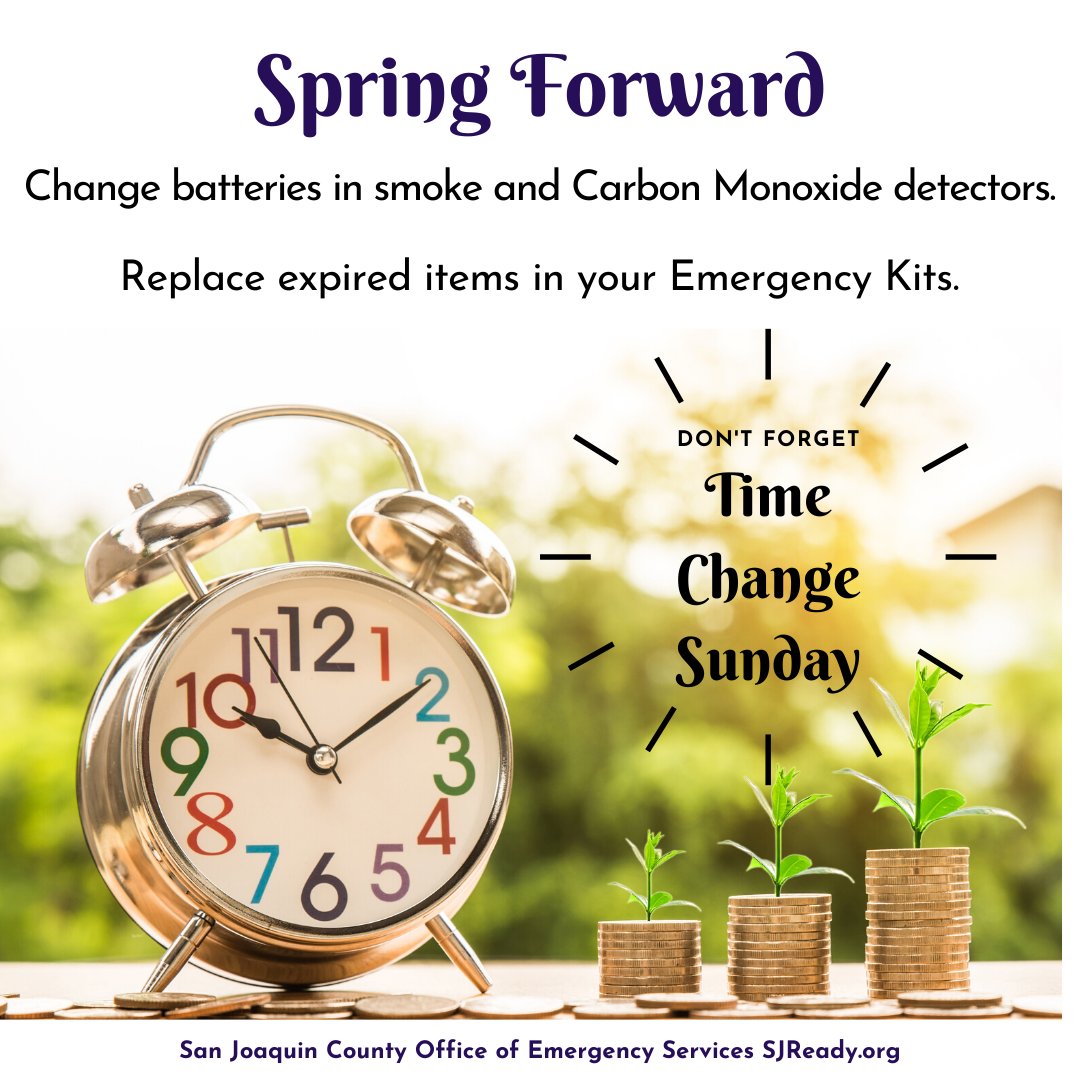 SJC_OES's tweet image. Don't forget to #SpringFoward this Sunday! It is the perfect opportunity to check your batteries and replace expired items in your Emergency Kit.