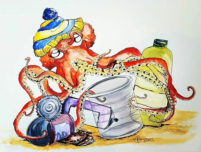 AllieFSimpson's tweet photo. Poor Octopus, looking for his dinner and all he can find is rubbish and a hat! Do you think an octapus needs a hat? I'm at the Dunedin public library today working on my story illustrations and telling stories as part of the week-end of Sea Week with Ame… https://t.co/P566OWXDNh https://t.co/UyqtRS2DHR