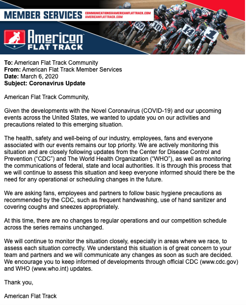 CW1Miles's tweet photo. #Coronavirus update from @AmericanFlatTrk: "At this time, there are no changes to regular operations, and our competition schedule across the series remains unchanged." The season-opening #DaytonaTT @DISupdates is expected to take place as planned on Saturday, March 14. https://t.co/lXKTcBQnsC