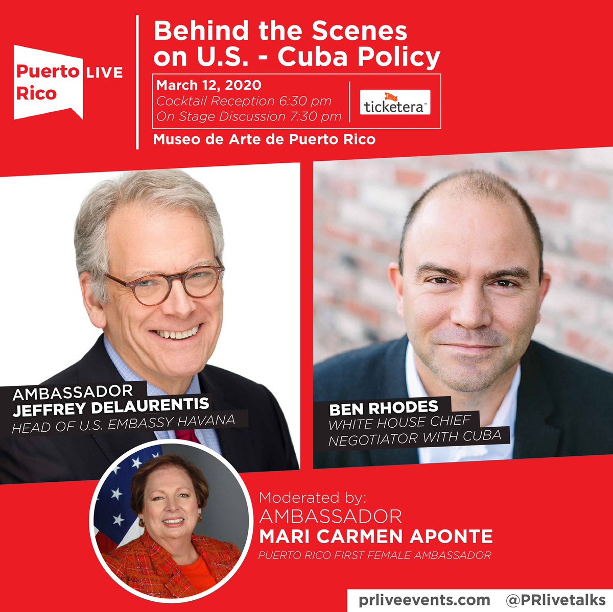 PRlivetalks's tweet photo. Don’t miss our next event on Thursday featuring @brhodes and Ambassador Jeffrey DeLaurentis on US-Cuban relations. We’ll ask them what the future holds following the 2020 election and so much more. Tickets: https://t.co/DzGyjUhZ6k https://t.co/dH2kvTDUDv