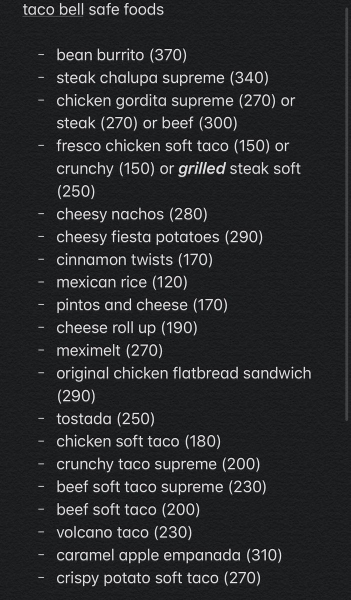 bonyclown's tweet photo. i don’t go to taco bell but i made a safe food list anyway? just in case? they’re generally under 350 cals, i try to stay below 300 for these but those top two seemed ok https://t.co/JSYNQesQ5T