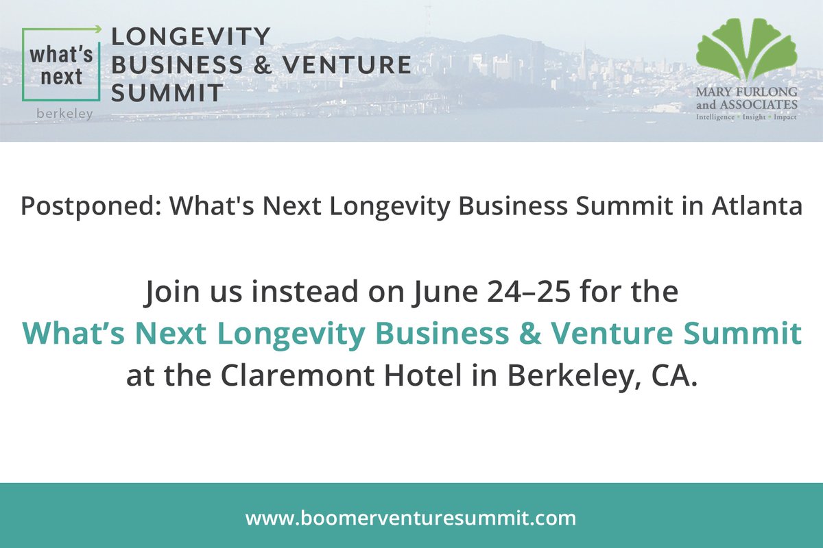 WNLongevity's tweet photo. We have decided to postpone the #LongevitySummit due to the continuing concerns about the COVID-19 (#coronavirus) outbreak. The good news is we have decided to take the Atlanta agenda and add it to our June 24-25 Berkeley Summit: https://t.co/ksqasgBWyS 
#aging2020 @ASAging https://t.co/AFhBBt1IkN