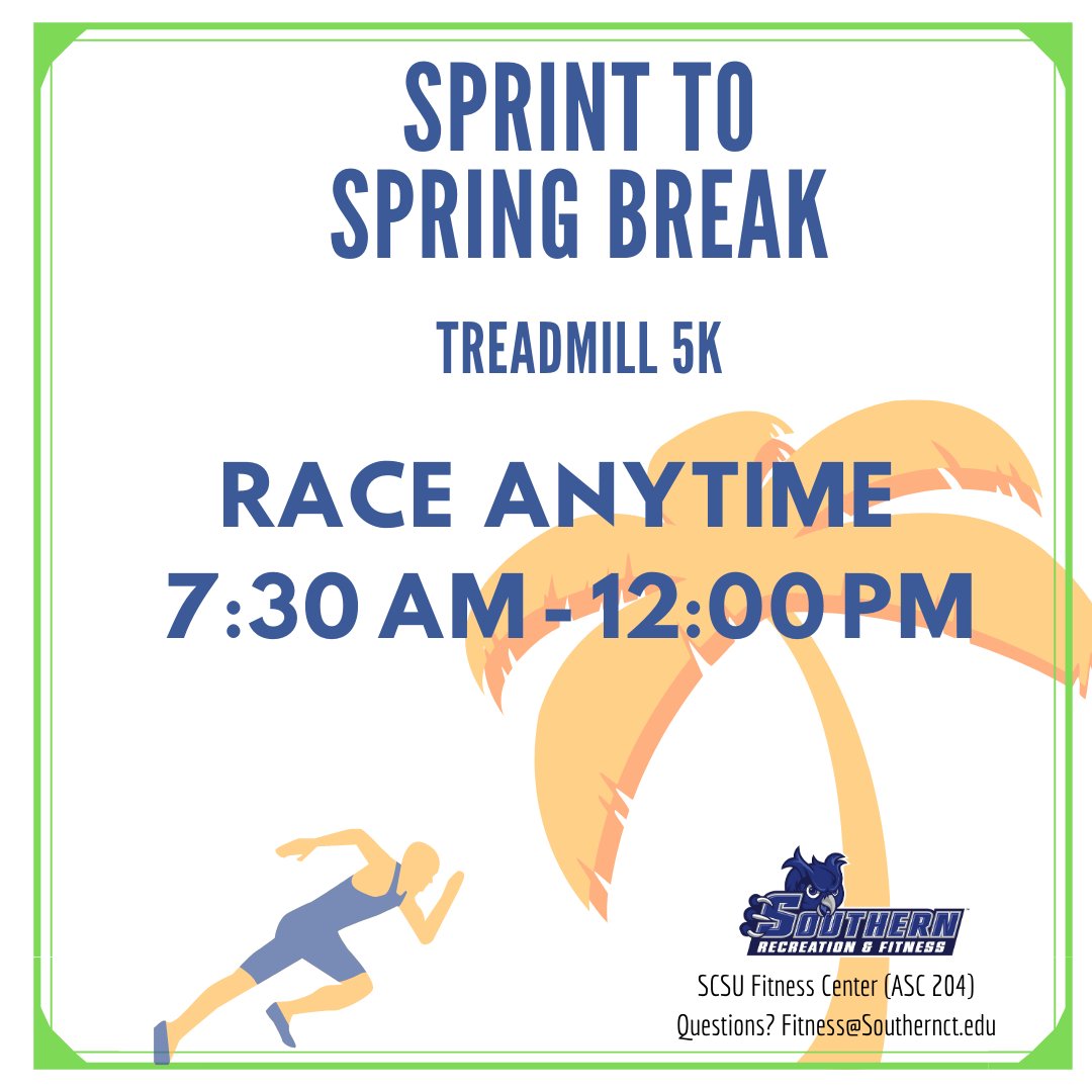 Join the department of recreation and fitness as we host Spring to Spring Break Treadmill 5K! Stop in and race anytime between 7:30am-12:30pm on Tuesday March 10th!  FREE T-shirt giveaways! Top participants receive an Amazon gift card! 🏃🏃‍♀️🦉