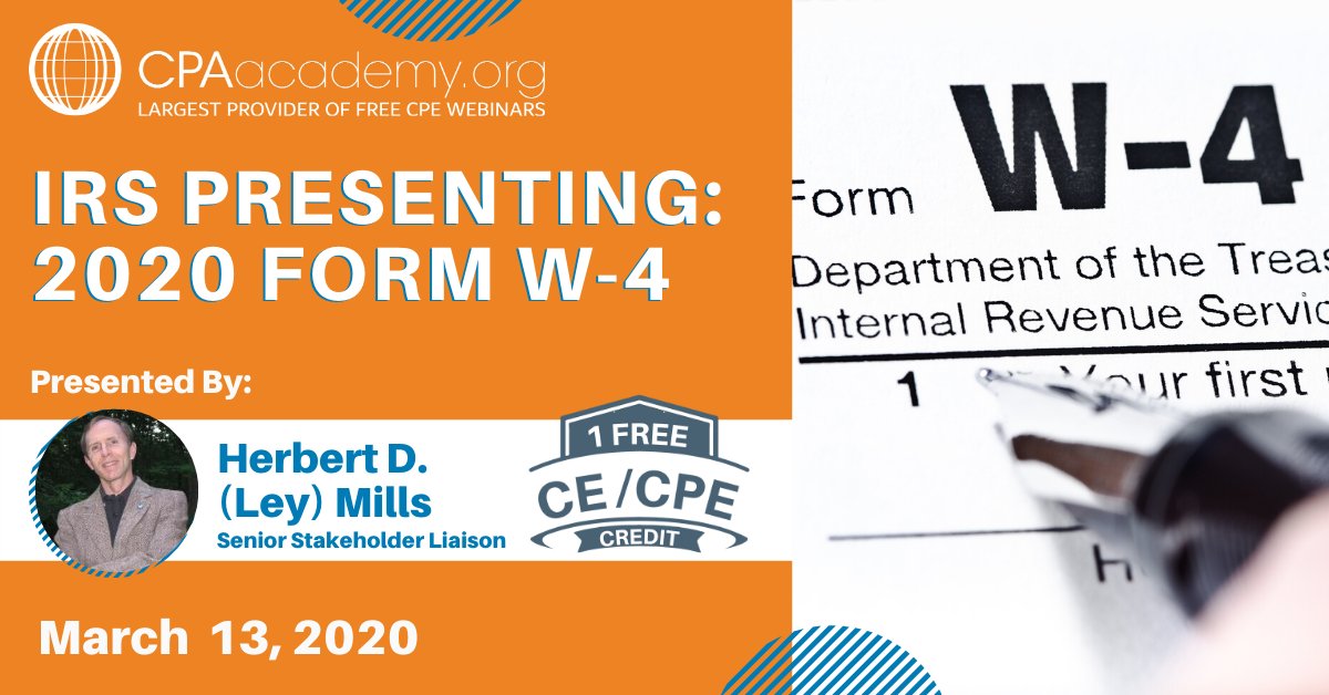 Did you notice the changes in the new 2020 Form W-4? Join Ley Mills from the <a href="/IRStaxpros/">IRS Tax Pros</a> as he dives into the new design of Form W-4. He'll explain and review the steps to take in preparing a new Form, and go over who must use the 2020 Form W-4.
ow.ly/S9dh50yFgdk