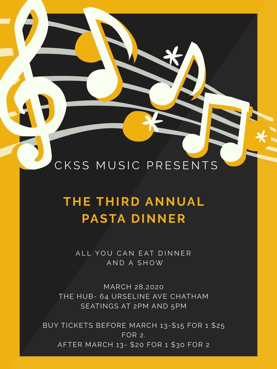 PASTA NIGHT IS ALMOST HERE! 🍝 🎶

Early bird ticket sales are happening until MARCH 13th! Send us a message or come visit us in room 231 at lunch to grab your tickets! Great opportunity for a night out with family or friends!