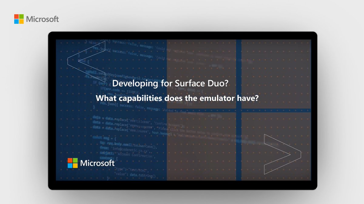 VisualStudio's tweet photo. You want to develop for the Surface Duo now, but you don't have a device yet. 
Get to know what the emulator will do for you with @GMerin in #OneDevQuestion: https://t.co/6HCPPMD2Jz https://t.co/R10KUYDLFu