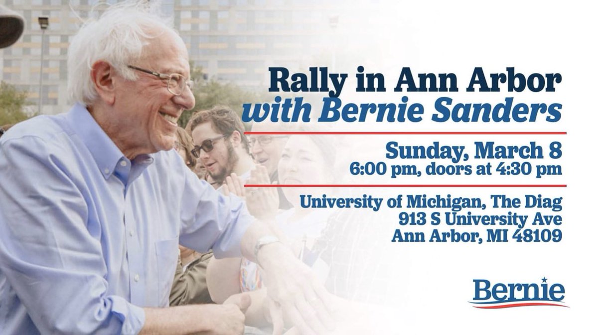 Blackmare00's tweet photo. #BigUs #Michigan

Rally in Ann Arbor with @BernieSanders

🔘 Sunday, March 8
🔘 6pm, doors 4:30

University of Michigan, The Diag
913 S University Ave
Ann Arbor, MI 48109

#NotMeUs #Bernie2020 #MIPrimary

#VoteForBernie #March10th #UMich 

RSVP: https://t.co/FF3oAqDX2V https://t.co/Cl1aJuPpzK