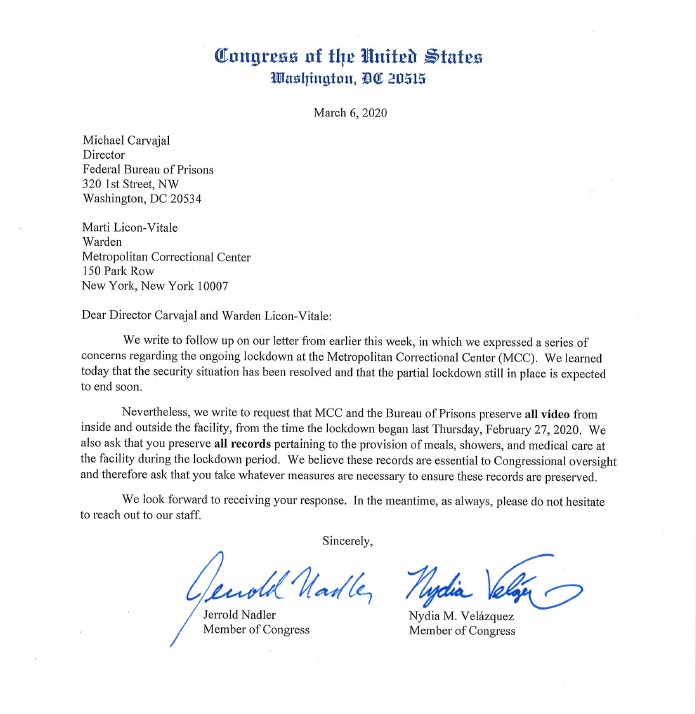 RepJerryNadler's tweet image. After six days, the lockdown at the Metropolitan Correctional Center has finally been lifted. Read my letter with @NydiaVelazquez to the MCC and the Bureau of Prisons demanding that all relevant documents and records be preserved.