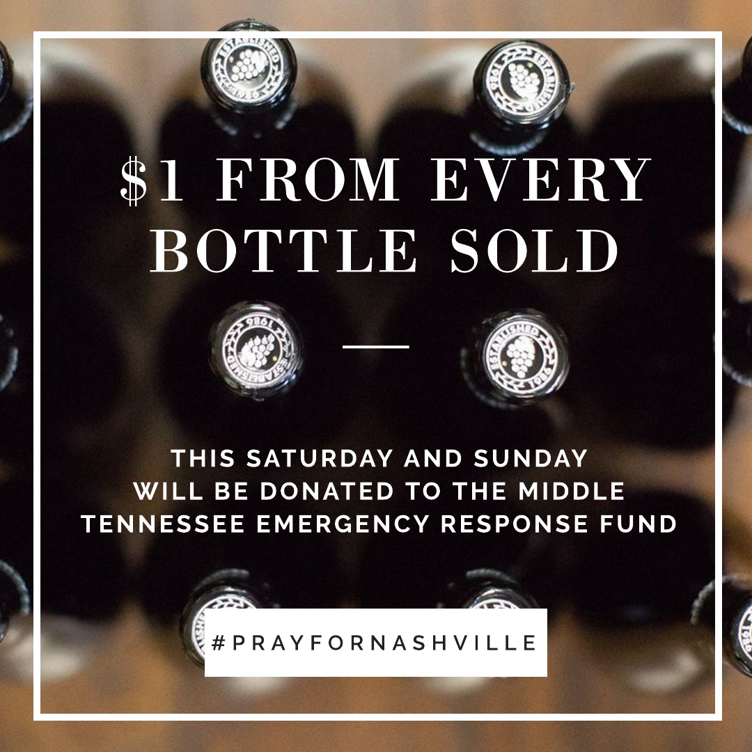 This Saturday and Sunday, we will be donating $1 for every bottle sold to the Middle Tennessee Emergency Response Fund to aid all those affected by the tornado. Share this post to spread the word! Our hearts go out to the Nashville community. #PRAYFORNASHVILLE