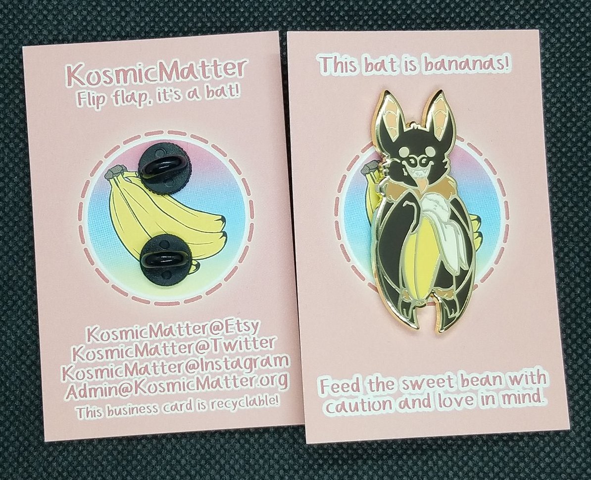 KosmicMatter's tweet photo. Products are almost 100% complete. Waiting on prints, packaging and they all should be good to ship to their new homes.💖 #stickers #hardenamelpin #kosmicmatter #enamelpin #bat #cute #cuteanimals https://t.co/j5n8VMjtV3