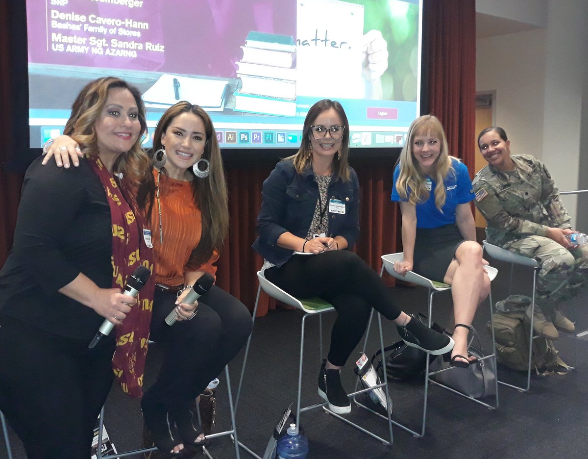 Jhoana Molina, Maricopa County Public Healt; Kathleen Mascarenas, SRP; Denise Cavero-Hann, Bashas' Family of Stores; Ashton Weinberger, SRP;  &amp; Mykaela Martin, US Army National Guard Public Affairs Office share what career paths exist beyond news #journalism. #ALMA2020 #Cronkite