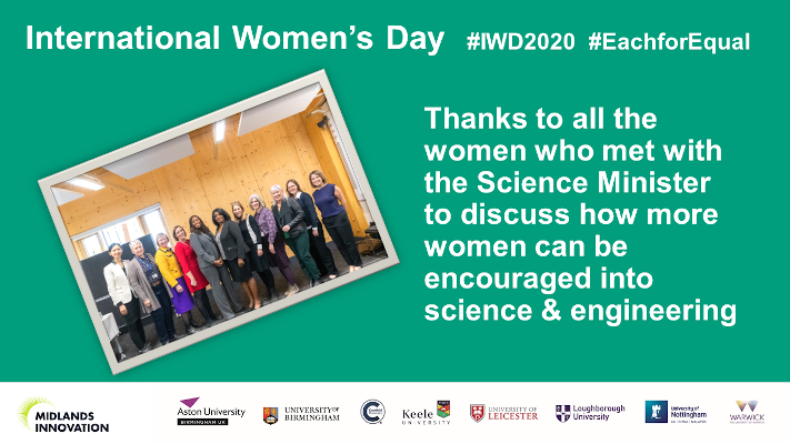 InnovationMids's tweet photo. We'd like to thank those from across our partnership who recently took part in a discussion with Minister for Science @ASollowayUK on Women in working in science and engineering. @scsharples @Dacm69 @PatriciaThornl4 @XinfangWang @V_Haines @kellyvere #IWD2020 https://t.co/Ms0VHt3ABh