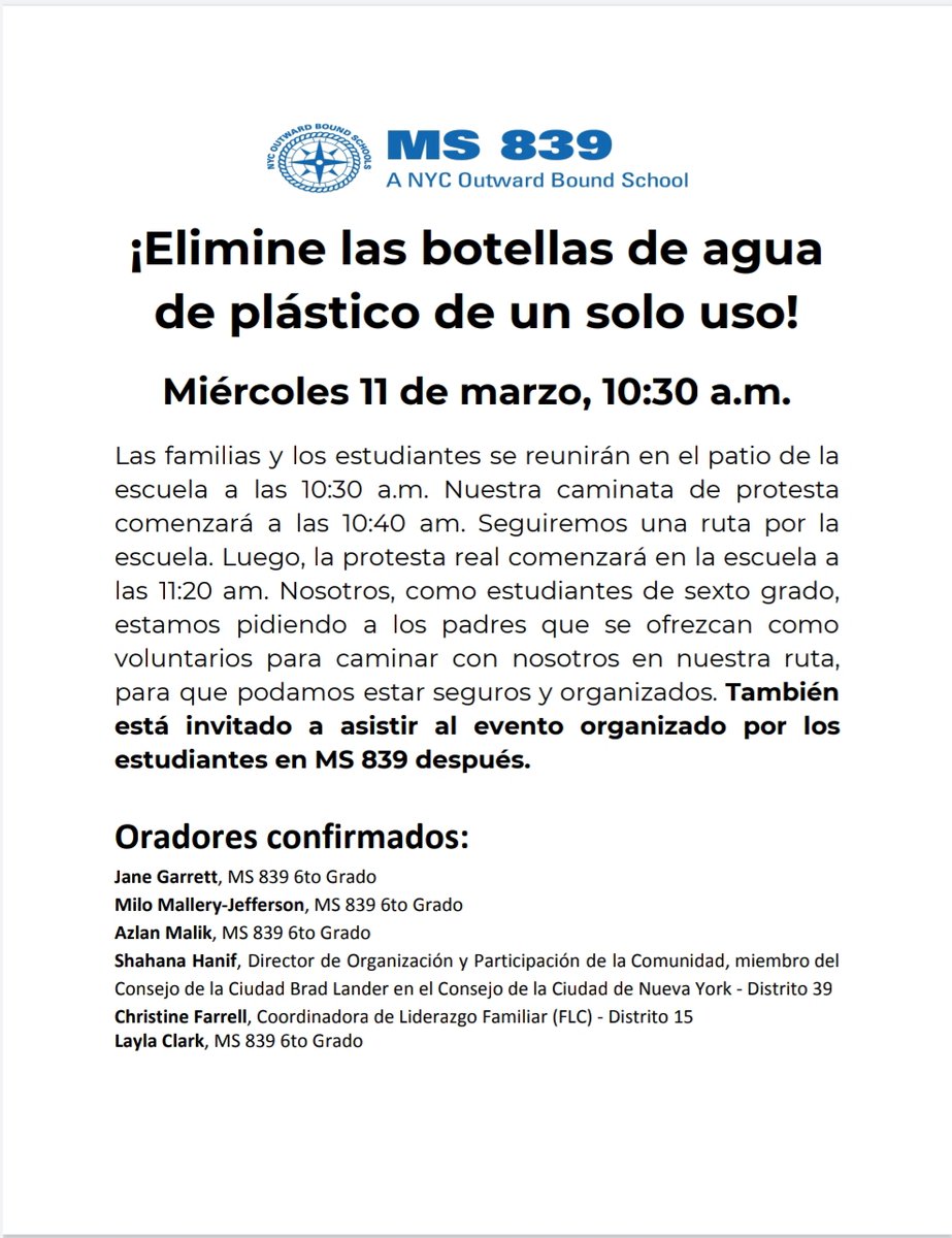 Join MS 839 in their protest and rally to eliminate single use plastic bottles.

Meet in the school's courtyard on Wednesday, March 11 at 10:30 a.m.
713 Caton Avenue
Brooklyn, NY 11218
@ExecSuptKWatts <a href="/BKNorthNYCDOE/">Instruction Matters</a> <a href="/MS_839/">M.S. 839</a>