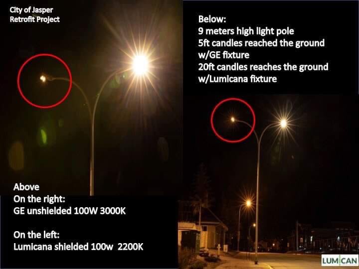 A comparison: unfit-for-purpose 3000K LED luminaires VS shielded, #lowglare amber 2200K luminaire. Close-up of comparison is on the left w/full image on the right. Lumican LEDs are circled in red. Note the significant reduction in glare and #lightpollution #onedarksky
