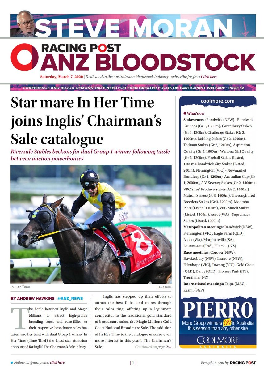 anz_news's tweet image. Super Saturday! 

Here's today's edition : headlined by the key coup by @inglis_sales who add #InHerTime to the Chairman's Sale. 

Plus your full morning news briefing, stakes fields, first season sire runners and more 📚

🗞️👉bit.ly/2PTnV53