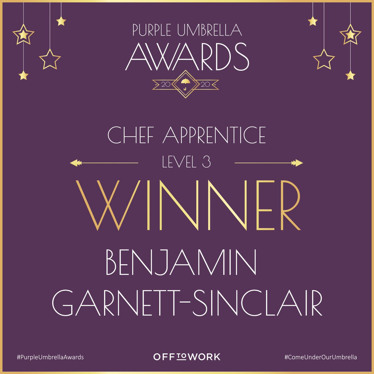 The second award of the evening is best Chef Apprentice level 3 sponsored by @teamOTW.

And the winner is......

Benjamin Garnett-Sinclair from <a href="/chandco/">CH&CO</a>

CONGRATULATIONS
#purpleumbrellaawards