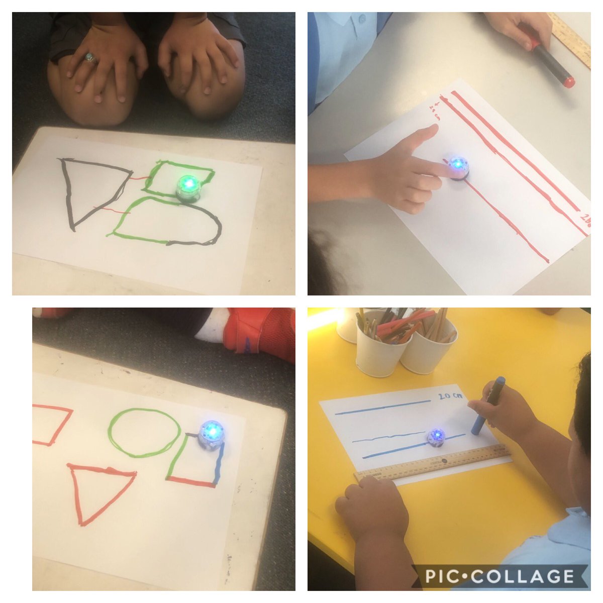 JMicallef10's tweet photo. ES1 students being creative while drawing 2D shapes with Ozobots and Stage 1 students using Ozobots to learn about estimating lengths of lines and measuring the perimeter of regular and irregular shapes @SmithfieldPS @farnham_renee @Ozobot #coding #ozobot https://t.co/SoLS2PhF5Y