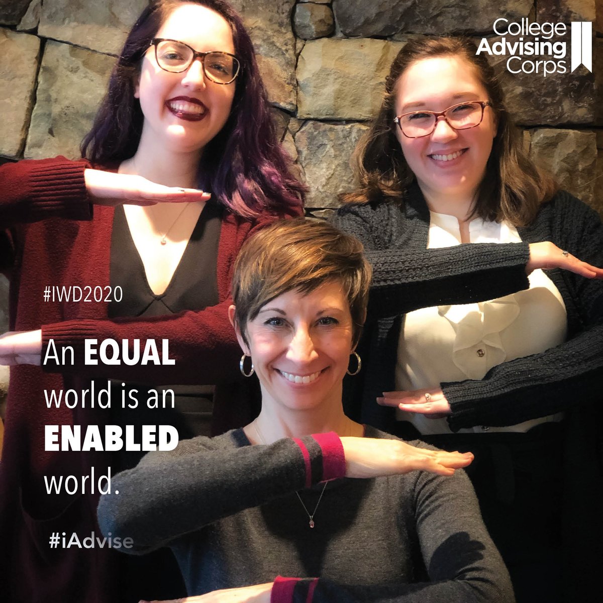 AdvisingCorps's tweet photo. This Sunday the world unites to recognize International Women's Day. Like #IWD2020, we DO believe that an EQUAL world is an ENABLED world. Please post your own #EachForEqualPose on March 8. Don't forget to tag College Advising Corps! #iAdvise #EachForEqual https://t.co/5Xe0fEBG60 https://t.co/U46BIrCROD