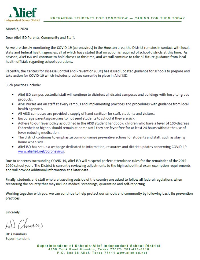 Dear Alief ISD Parents, Community and Staff,

Working together with you, we can continue to help protect our schools and community by following basic flu prevention practices. For up to date information please visit aliefisd.net/coronavirus