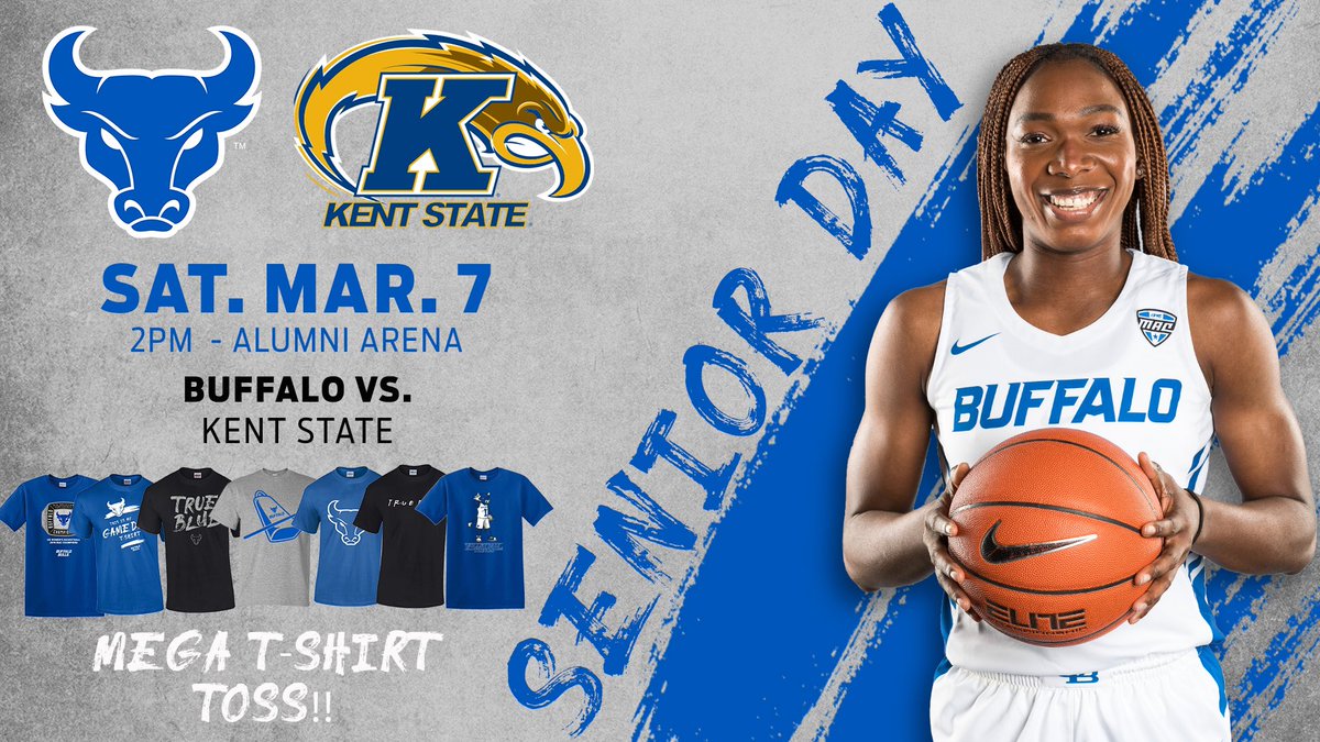UBTrueBlue's tweet photo. Let’s #PackoutAlumniArena tomorrow at 2PM when @UBwomenshoops faces Kent State in a crucial MAC game!

The team will honor .@Tessy2big postgame for Senior Day!

There will be another Mega T-Shirt Toss during the game!

#UBuffalo #UBhornsUP #KentReadKentWriteKentState https://t.co/fVYOxWdHhq