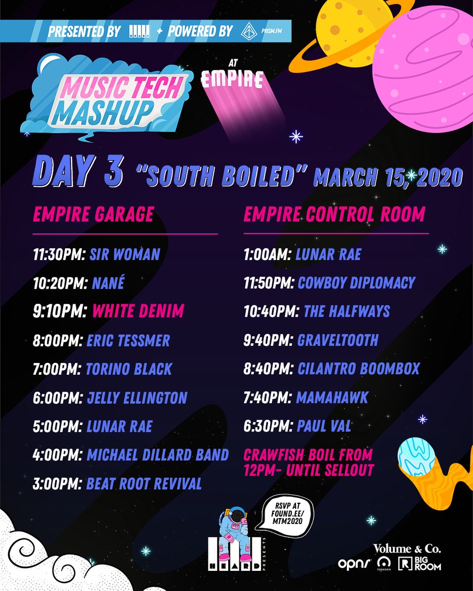 DAY 3:

"South Boiled" feat. @WhiteDenimMusic, @nanetheband, <a href="/WomanSir/">Sir Woman</a> + more in the Garage 🎶

<a href="/C0wb0yDipl0macy/">Cowboy Diplomacy</a>, <a href="/thehlfwys/">The Halfways</a>, <a href="/YourMamahawk/">MAMAHAWK</a> + more in the Control Room!

Soccer viewing in the morning with <a href="/AustinAnthem/">Austin Anthem</a> 🥅

Crawfish starts at 12pm - sellout 🦞
