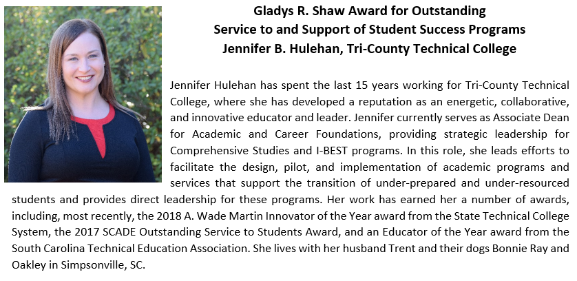 NOSSbuzz's tweet photo. The Gladys R. Shaw Award for Outstanding Service to and Support of Student Success Programs recognizes long-term service to and support of programs related to student success by a NOSS member. This year's winner is Jennifer B. Hulehan of Tri-County Technical College. #NOSS2020 https://t.co/eAuupVM0yN