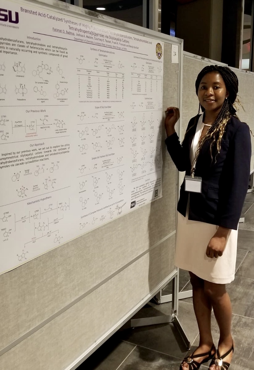 LSU_Chemistry's tweet photo. Congratulations to #LSUChemistry graduate students @BadmusFatimat and @JoshuaVanHoute9 from the @KartikaLab for receiving poster awards @FloHetConf. #FloHet2020 https://t.co/8aCLWqjtaz