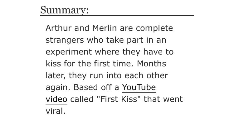 • A Social Experiment by bravenclawesome  - merlin/arthur  - Rated T  - modern au, fluff  - 3631 words https://archiveofourown.org/works/1562849 