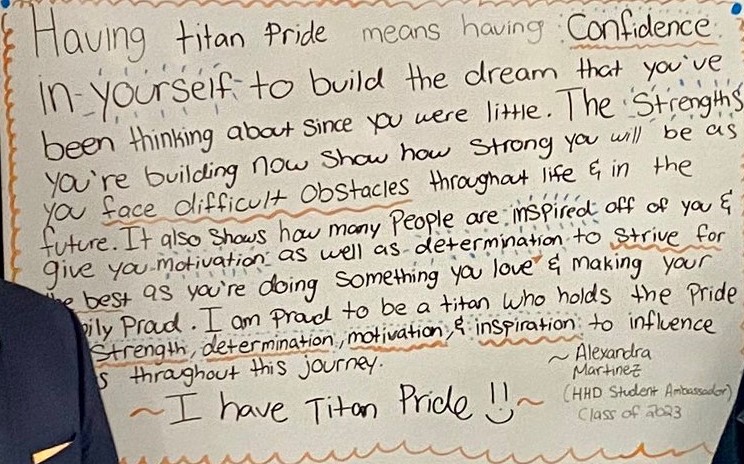 CollegeofHHD's tweet photo. Alexandra Martinez, a Public Health major in HHD, met with President and Mrs. Virjee to write about what "Titan Pride" means to her on the Titan Pride Board. Great Job! https://t.co/K4jDMNBIat