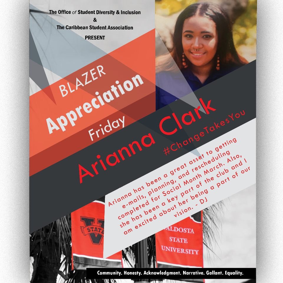VSU_CaribSA's tweet photo. ITS BLAZER APPRECIATION FRIDAY! Shoutout to Arianna Clark. We appreciate you! @VSU_Diversity #VSYOU #BLAZERS #VSU #Blazernation https://t.co/GYAUFBzaeL