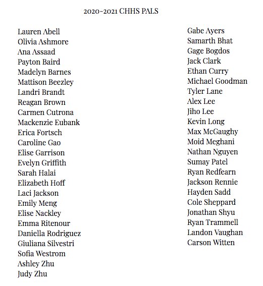 CHHS PALS (@chhs_pals) on Twitter photo Congratulations to the 2020-2021 CHHS PALS! We are looking forward to a fantastic year! #palsplaytowin #CHPantherPride Congratulations to the 2020-2021 CHHS PALS! We are looking forward to a fantastic year! #palsplaytowin #CHPantherPride