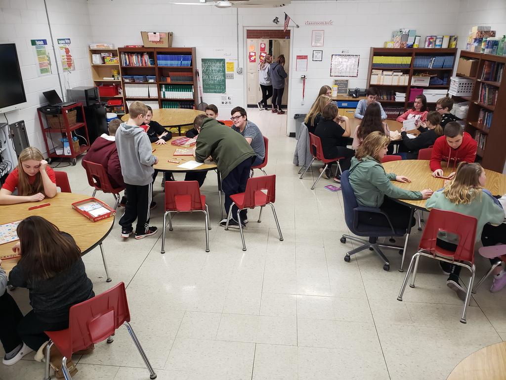 AMcKinty's tweet photo. Proud teacher moment. Three tables playing Scrabble during rewards day today. https://t.co/olzRFTjrS8
