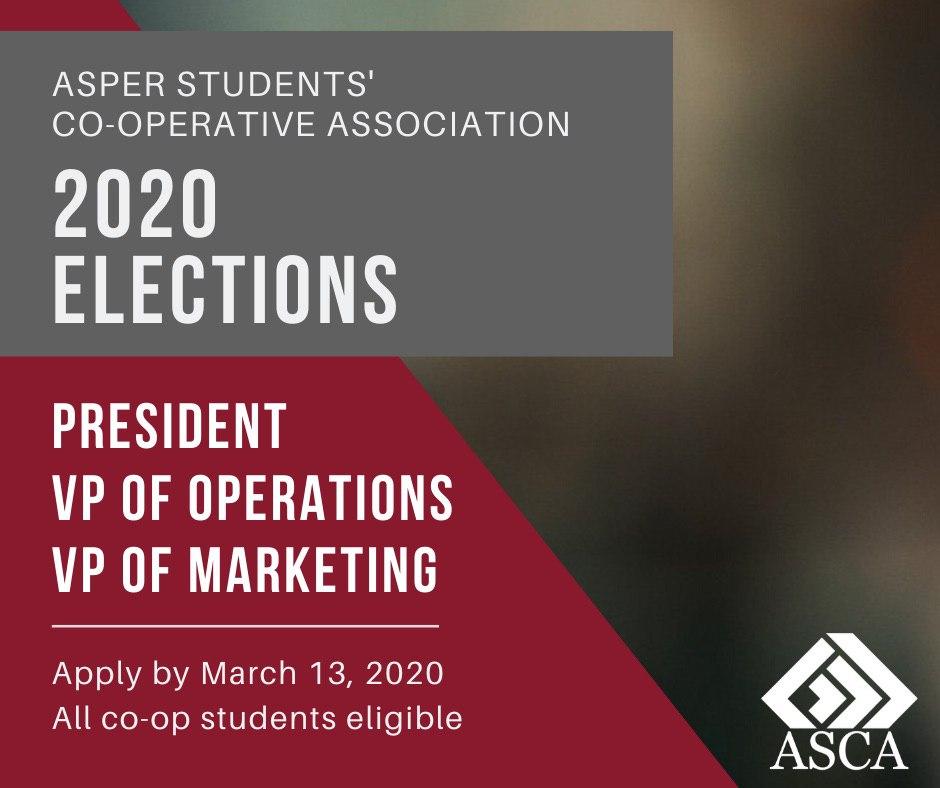 ❗Attention Co-op Students❗

Get involved with ASCA in the 2020-21 academic year. 

Follow the link forms.gle/LqLHscdB19WHRc… to nominate yourself as a candidate. All Co-op students are eligible to run!

Deadline to apply: March 13, 2020
#asca #Elections #opportunity