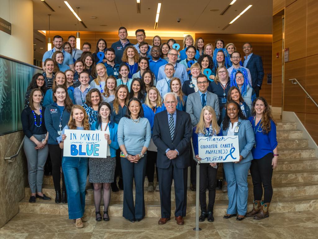 DanaFarber's tweet photo. The Gastrointestinal Cancer Center team is decked out in blue to raise awareness for colorectal cancer. #DressinBlueDay @CCAlliance @DFarberYoungCRC @ng_kimmie https://t.co/19hlW7nzmL