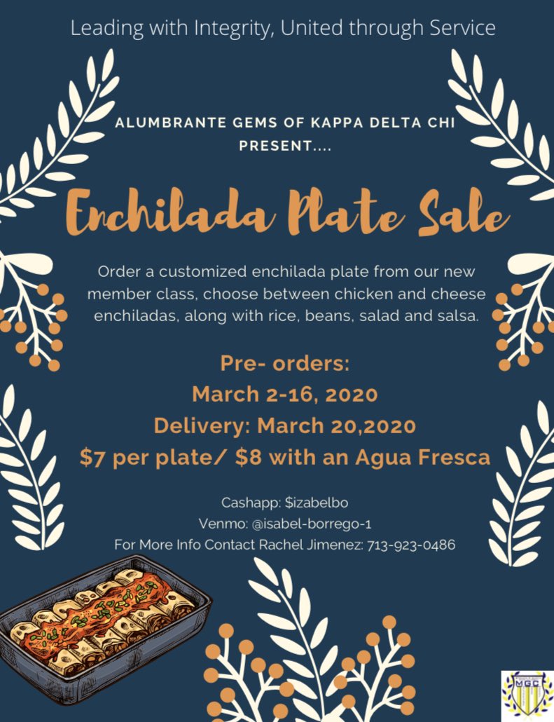 <a href="/SFAQuestions/">wyd tonight SFA?</a> The New Member Class of Kappa Delta Chi is taking orders for enchilada plates from now until the 16th! 

$7 per plate
$8 for a plate and an Agua Fresca!

We will be delivering on the 20th!