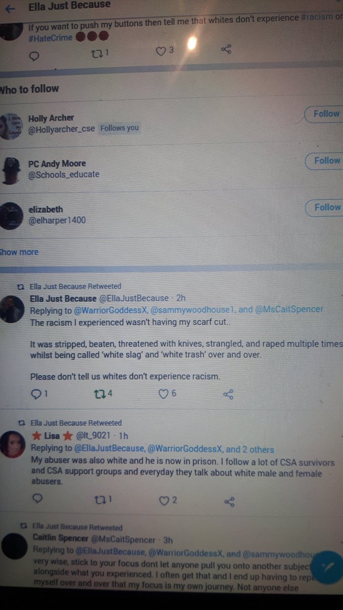 A sample of what Ella (who thinks white women are the biggest victims of racism) calls bullying & pic of her tweets https://twitter.com/WarriorGoddessX/status/953295387200249856?s=20 https://twitter.com/WarriorGoddessX/status/953296978854711297?s=20 https://twitter.com/WarriorGoddessX/status/953298058909020162?s=20 https://twitter.com/WarriorGoddessX/status/953300316170186752?s=20 https://twitter.com/WarriorGoddessX/status/953301180293242880?s=20 *powers* https://twitter.com/WarriorGoddessX/status/953302476337360902?s=208/