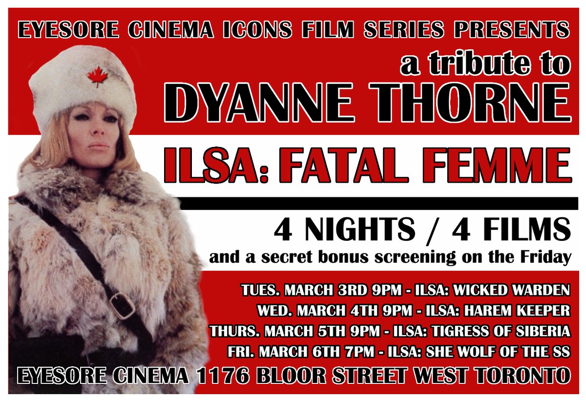 eyesorecinema's tweet photo. Tonight is the last screening of our Dyanne Thorne Ilsa tribute! #shewolfofthess!!! Join us for that and our many great tribute screenings this month! @BloordaleCIA @livebloordale @Torontoplex @ThatShelf @dupeshopCA @nuthouseonbloor #screenlocal #shoplocal https://t.co/rWZ2LzQErg